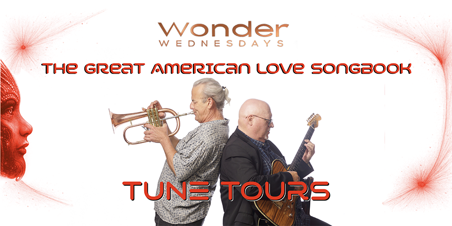 A picture of a man playing a french horn and another man playing a guitar with the words 